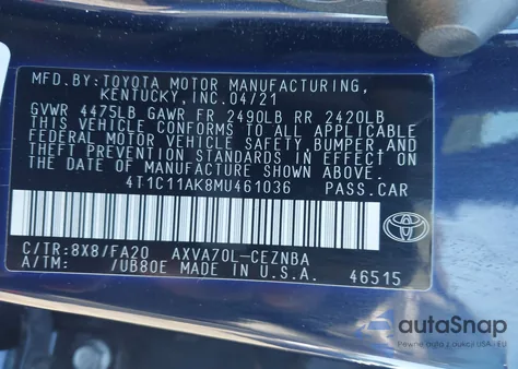 2021 Toyota Camry Le z USA, uszkodzony, nr VIN 4T1C11AK8MU461036